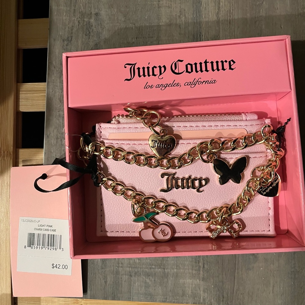 Juicy Couture Pink Card Case with Zipper, Gold Tone Charm Chain Wristlet - Picture 2 of 4